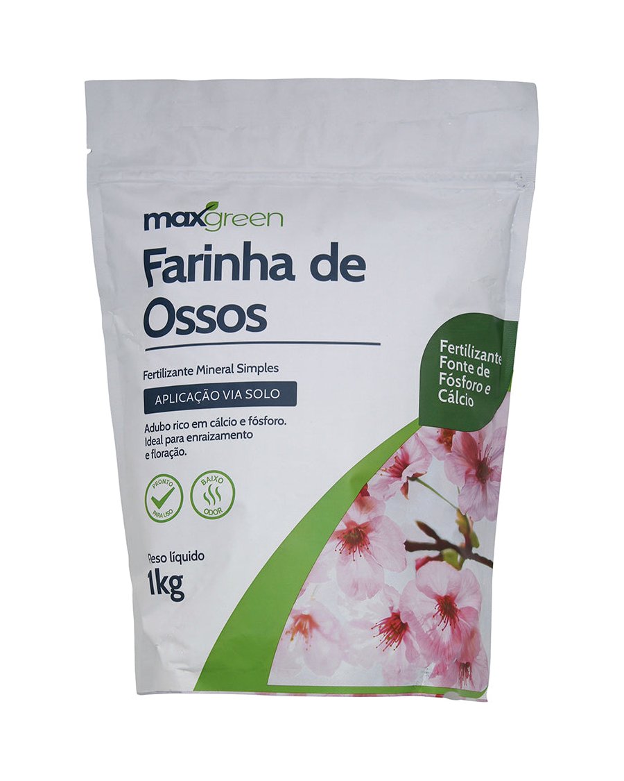 Farinha de Ossos Maxgreen 1 kg, pacote branco com flores de cerejeira